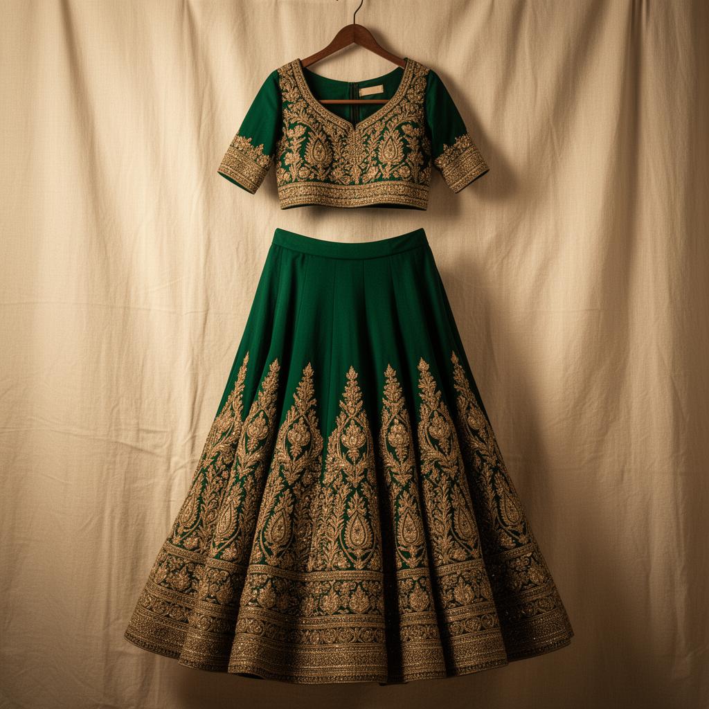 Emerald green hand-embroidered bridal lehenga