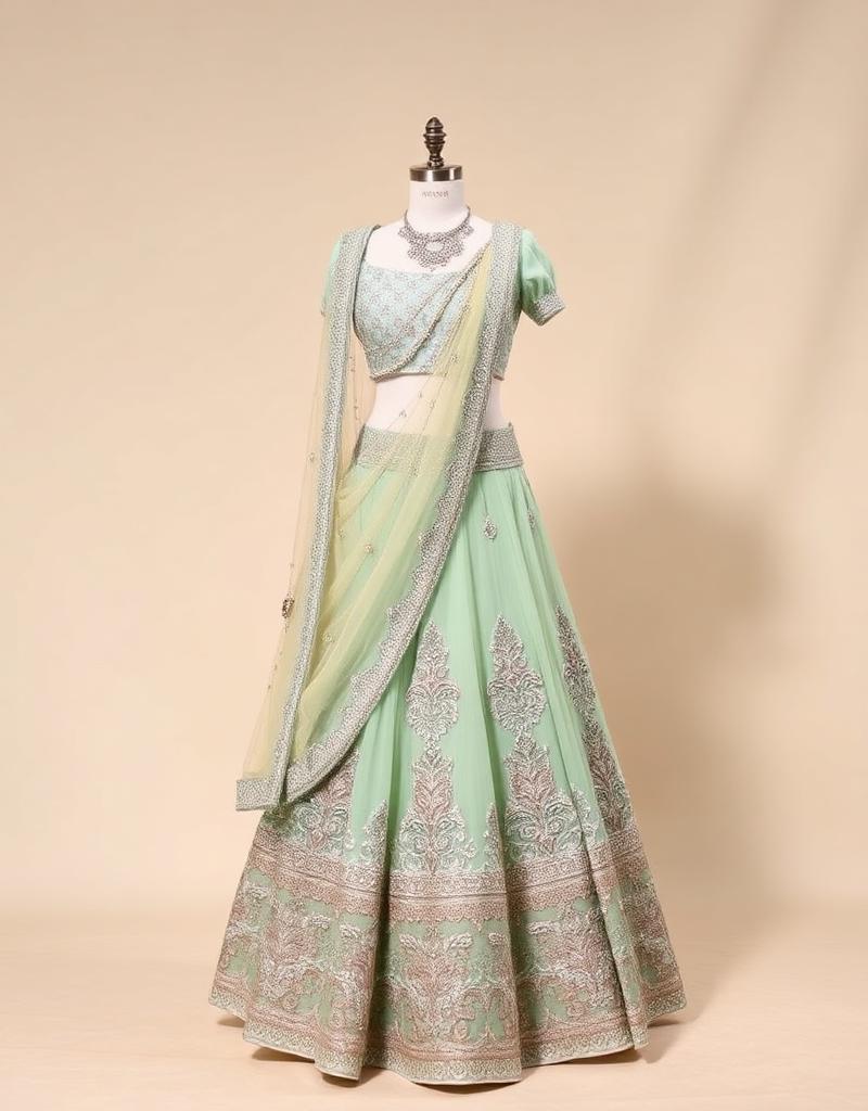 Mirrorwork Organza Lehenga in Mint