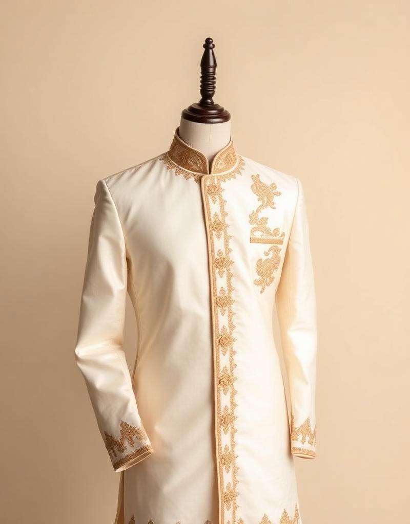 Chanderi Silk Sherwani in Ivory Gold